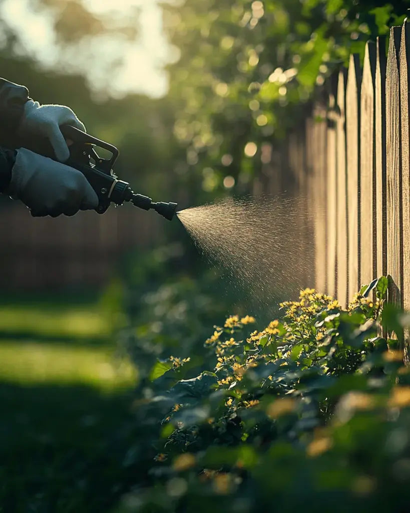 Sprayer misting the base of a wooden garden fence