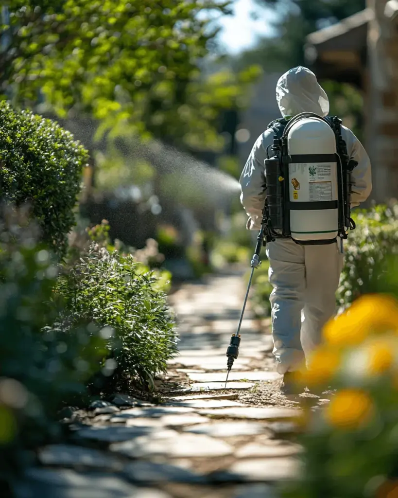 Technician with a backpack sprayer walking a garden path