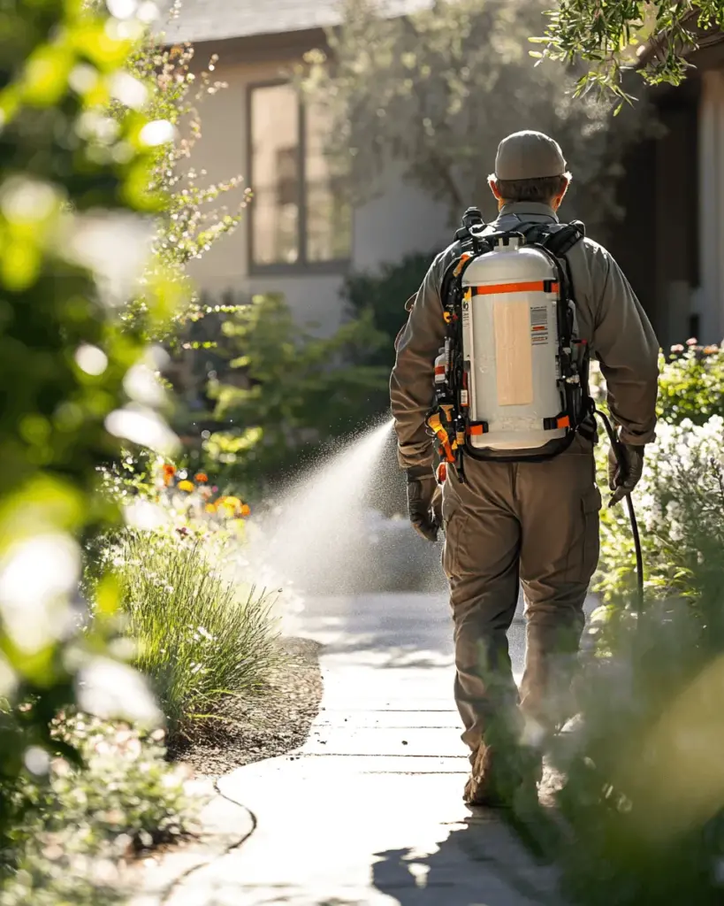 Technician with a backpack tank treating a sunny yard