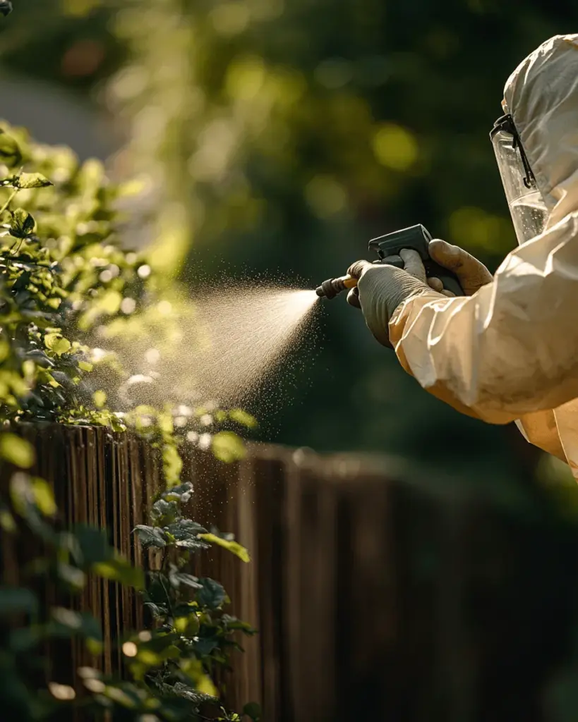 Technician in a face shield spraying along a fence line