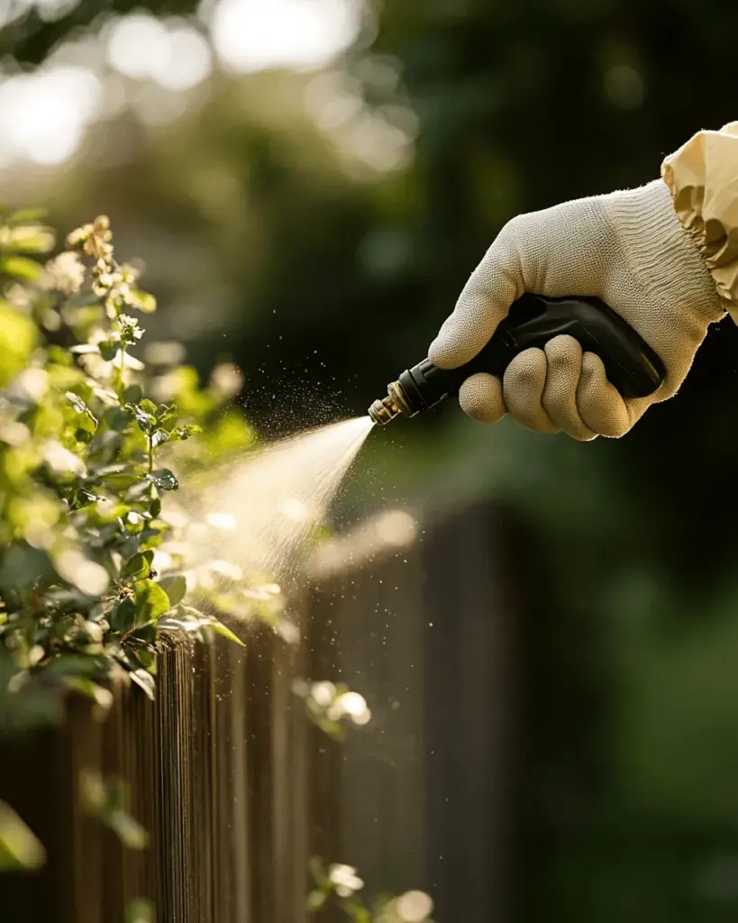 Gloved hand spraying shrubs beside a wooden fence