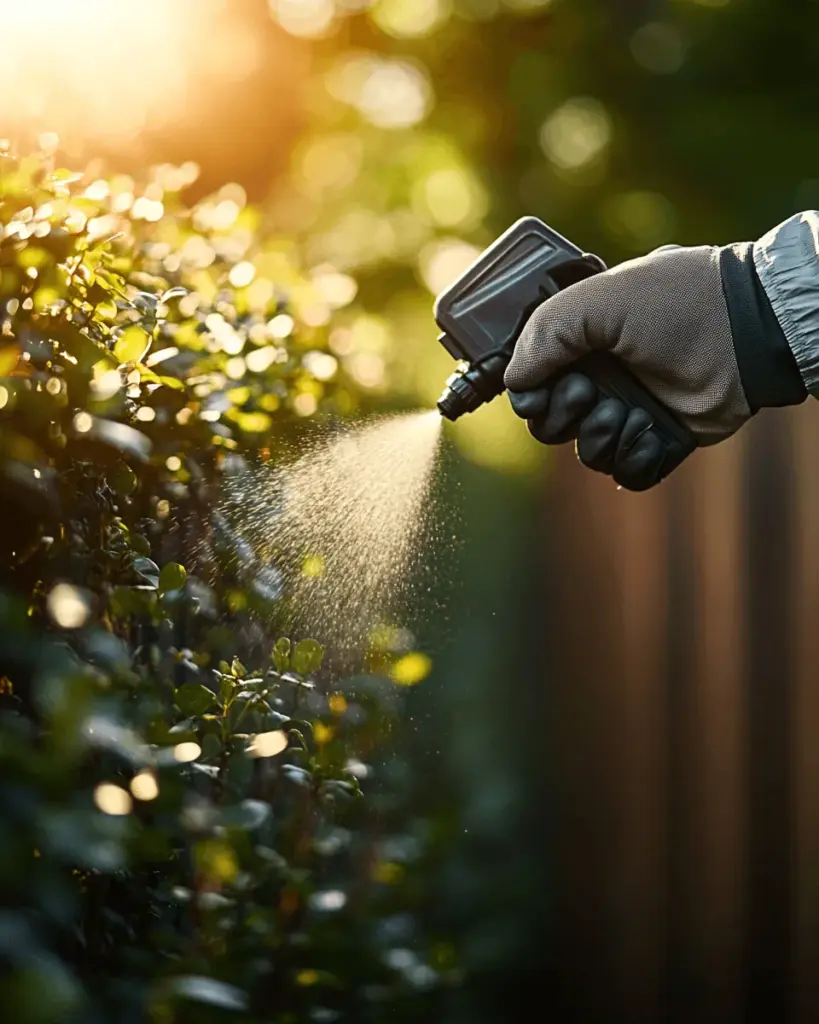 Gloved hand misting a sunlit hedge