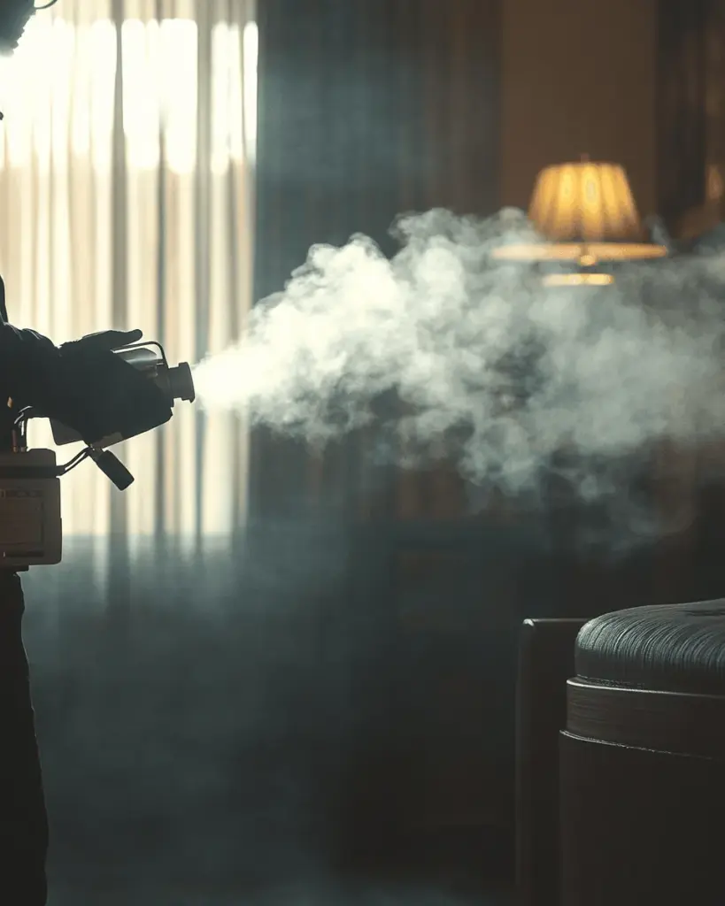 Technician fogging a corridor in protective gear