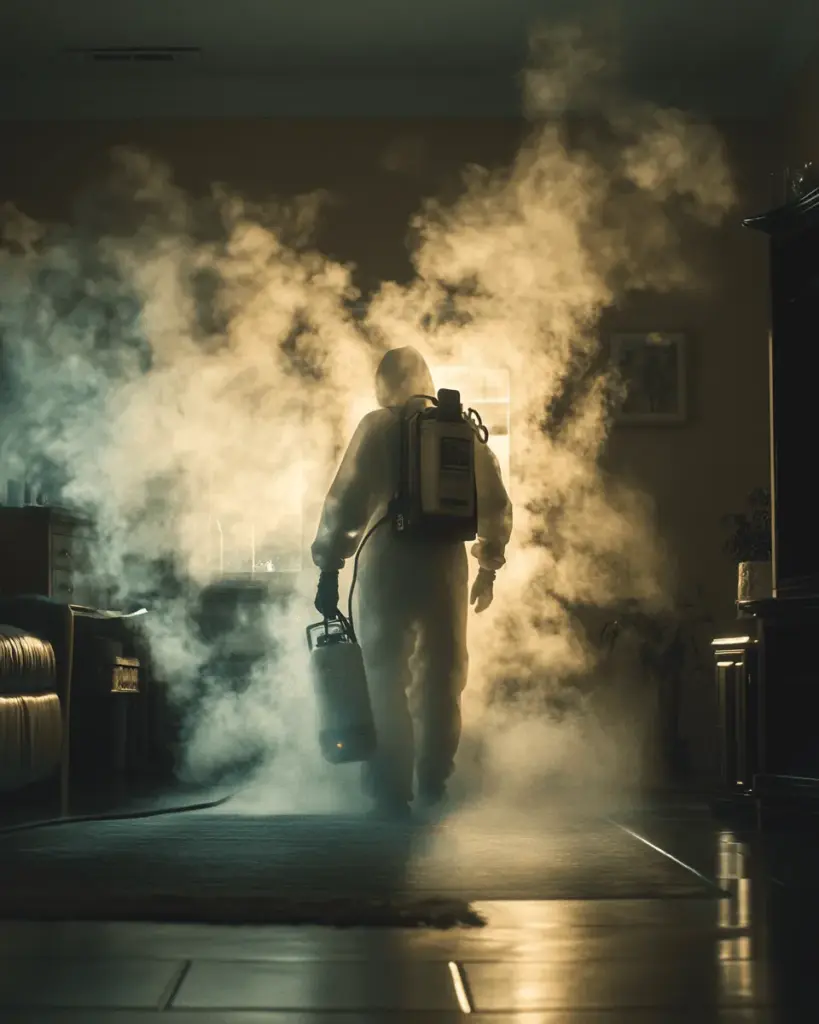 Technician working in a cloud of treatment mist