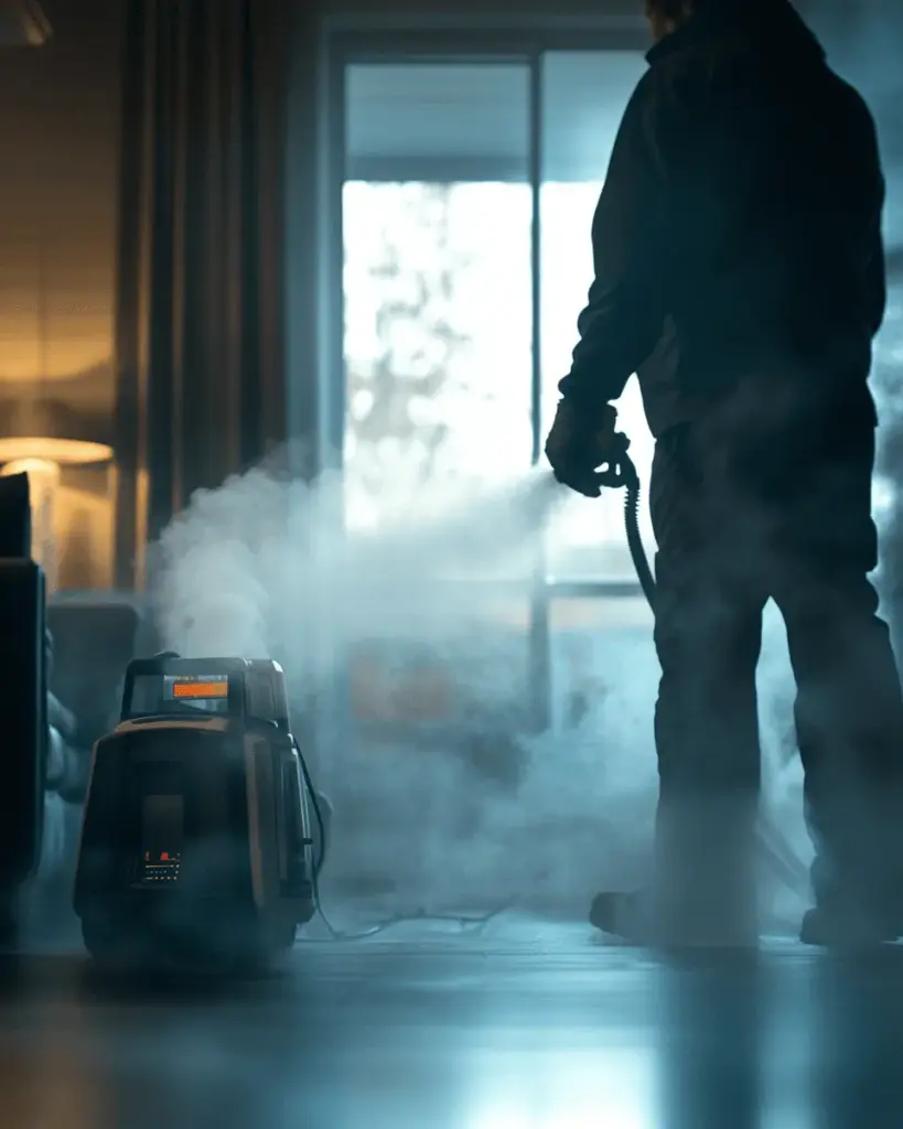 Technician in a face shield spraying a room
