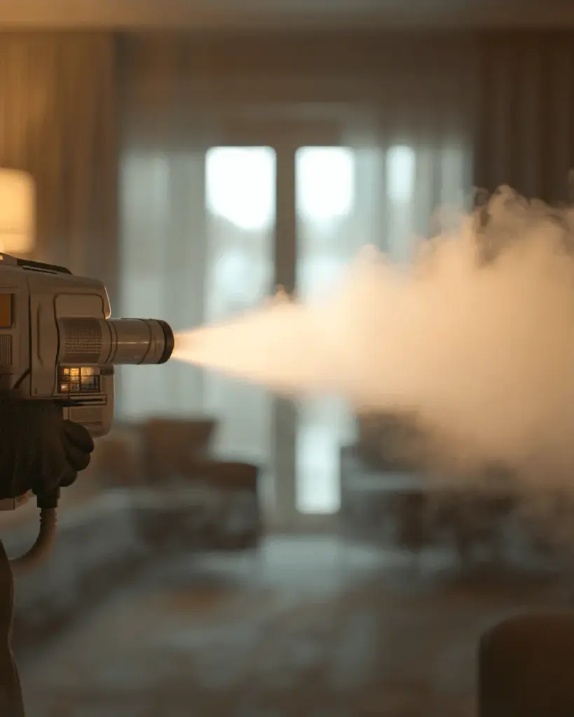 Technician carrying a sprayer through a smoky hallway