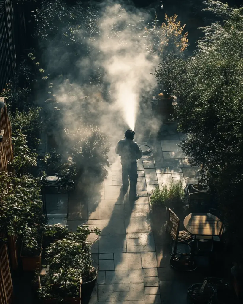 Technician fogging a misty garden at dawn