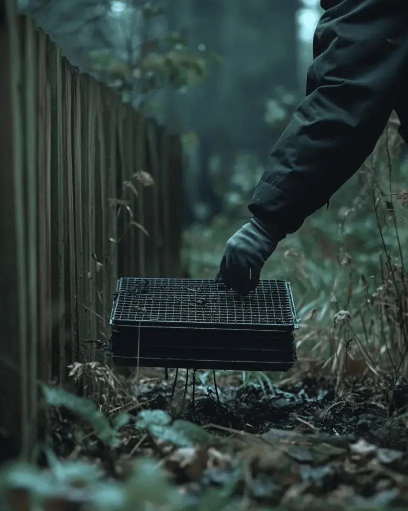 Gloved hands setting a cage trap beside a fence