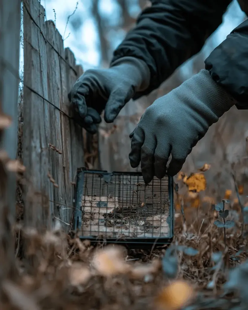 Gloved hands checking a cage trap among leaves