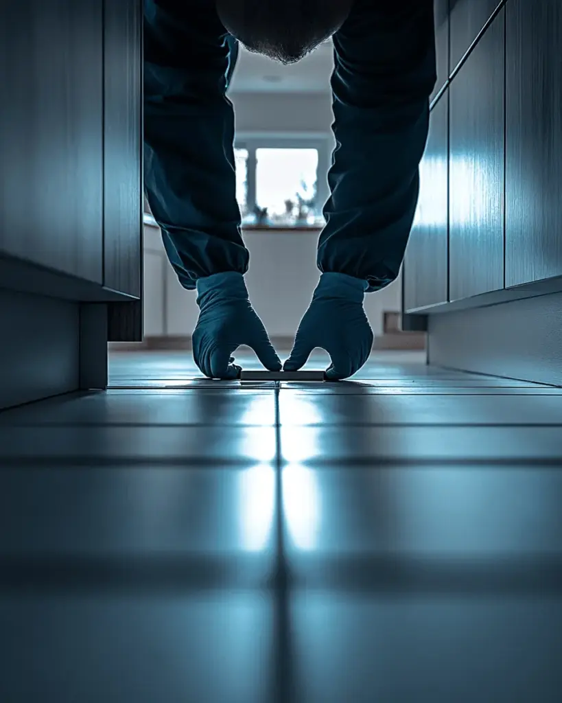 Technician kneeling in a dim kitchen to place a trap
