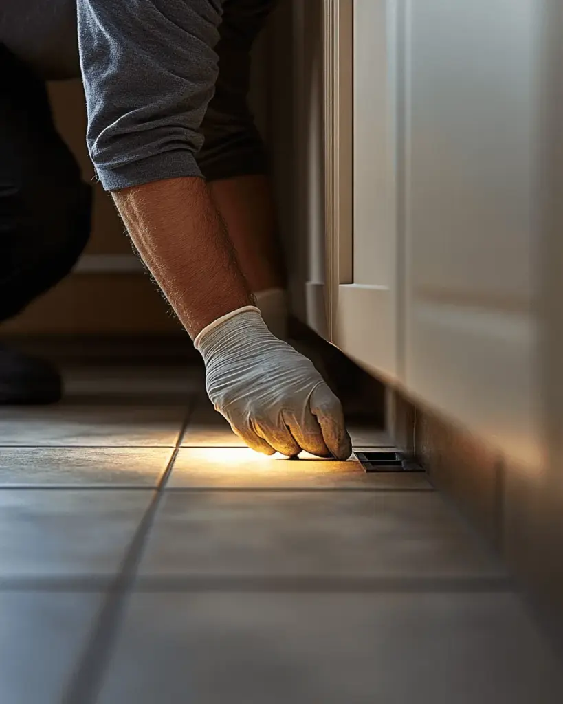 Gloved hand sliding a flat trap under a kitchen cabinet