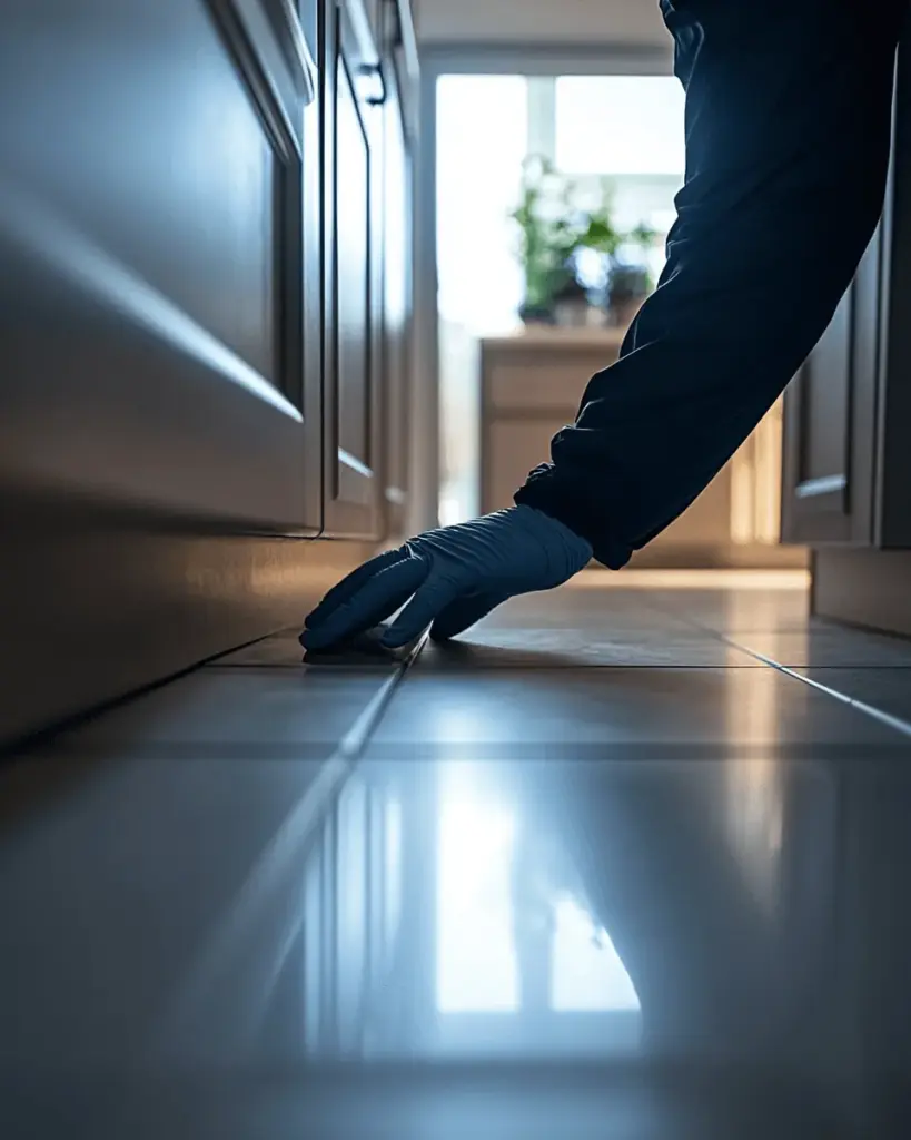 Gloved hand placing a trap on a shiny kitchen floor