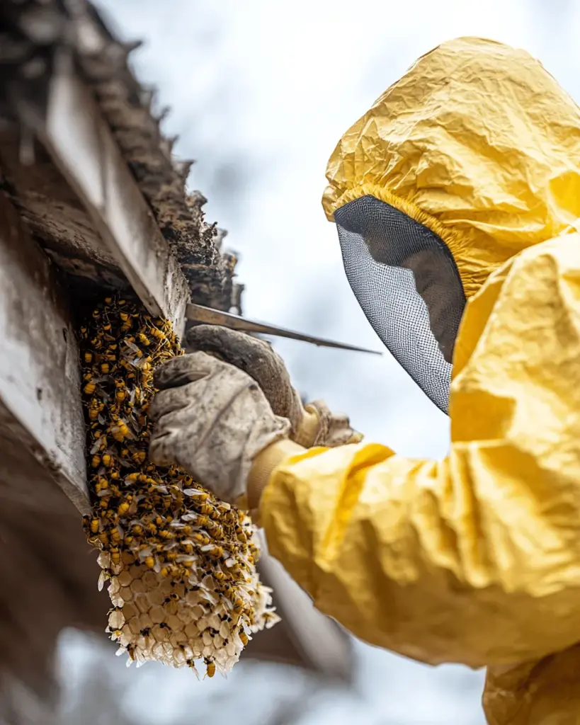 Technician in a yellow suit and face shield removing a papery wasp nest under the eaves