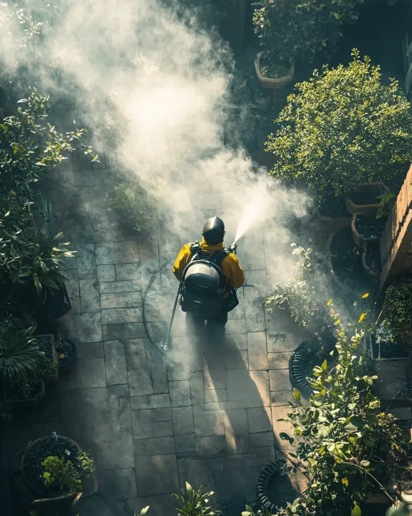 Technician in yellow fogging a tall garden from above
