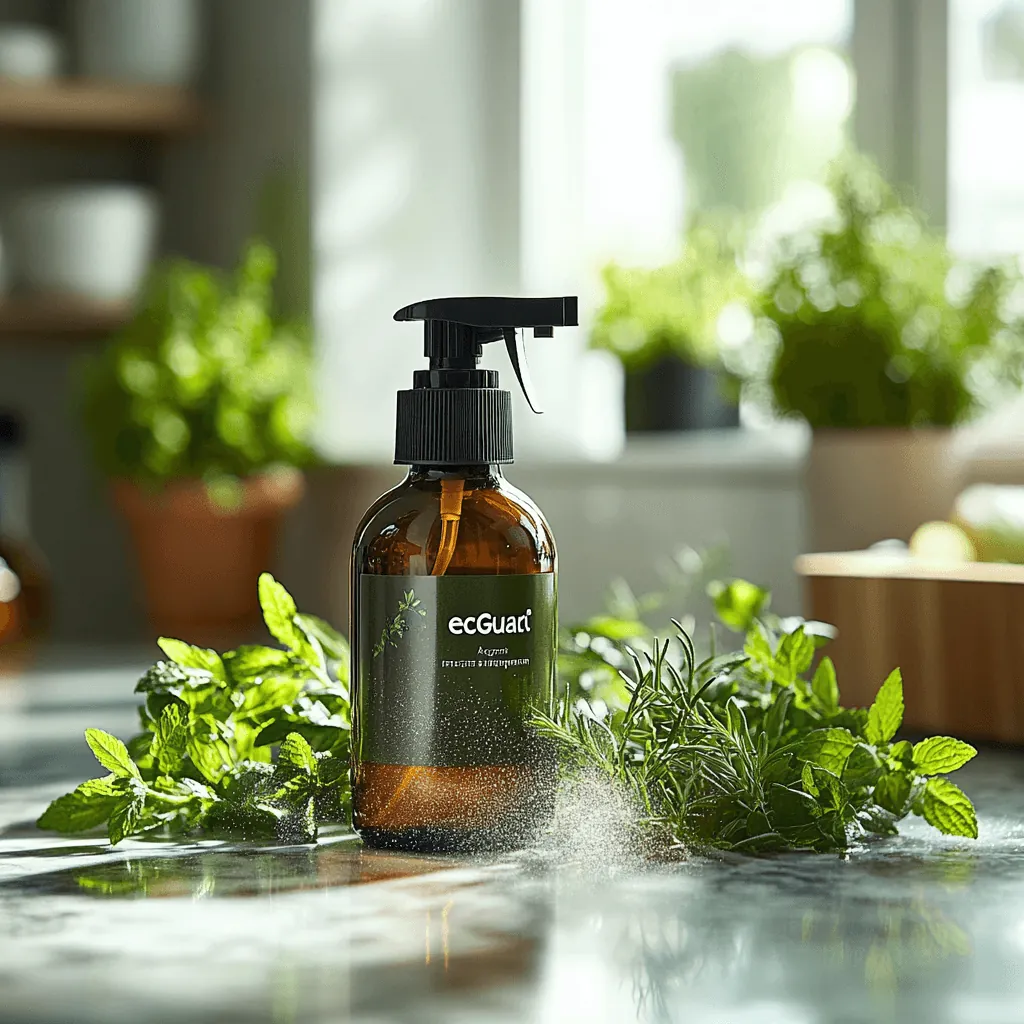Amber ecoGuard spray bottle among fresh herbs on a sunny kitchen counter