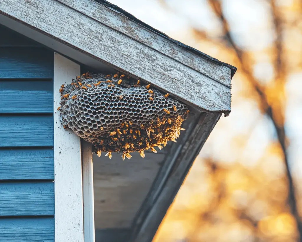 Before: Wasp nest hanging under the eave of a blue clapboard house
