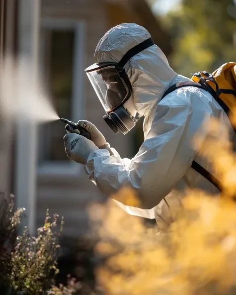 Technician in a face shield and white suit spraying along a garden wall