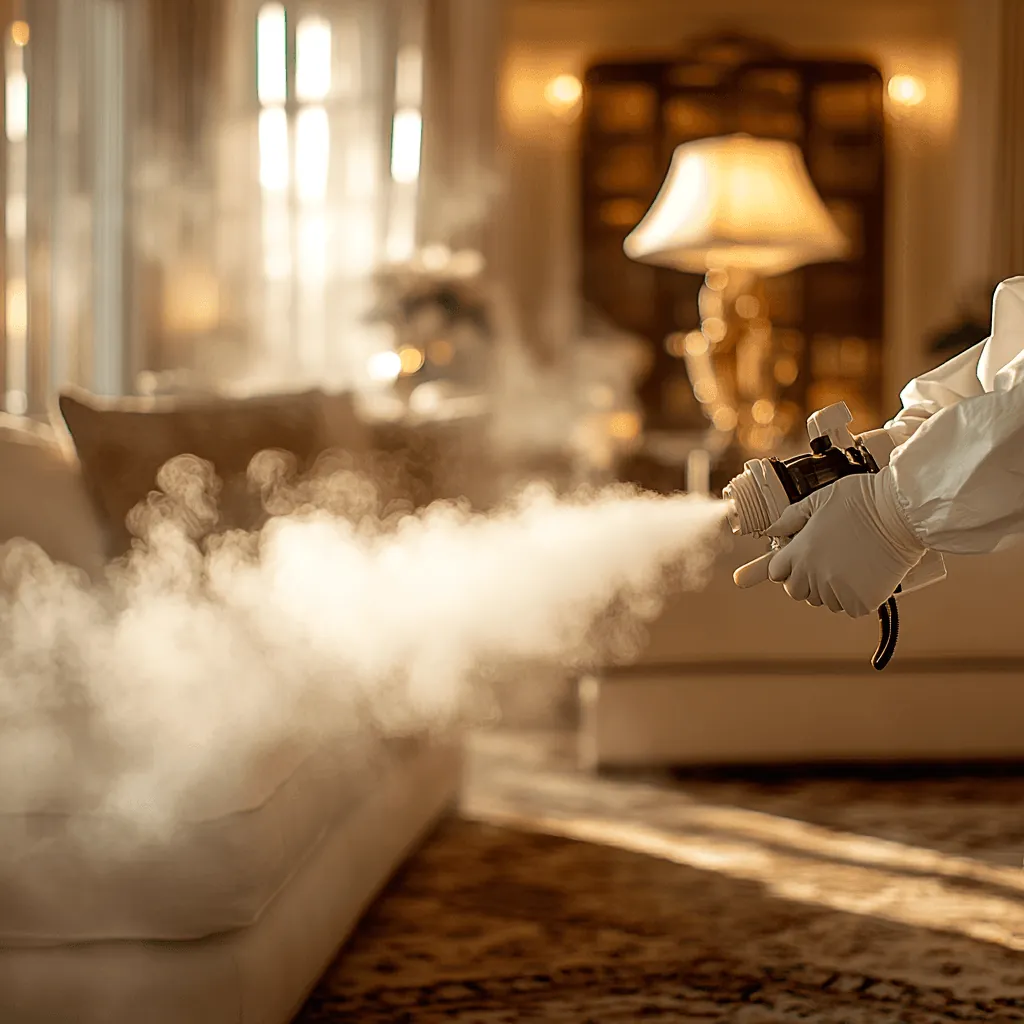 Gloved hand fogging a carpeted living room beside a sofa and table lamp