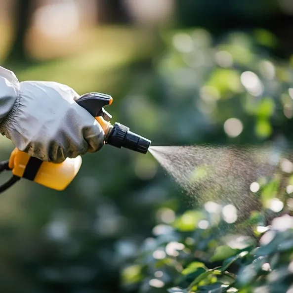 Gloved hand spraying a hedge with a yellow handheld sprayer