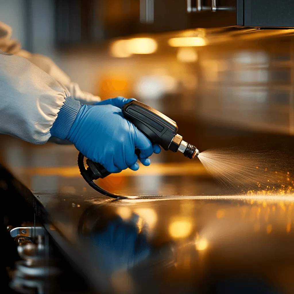 Gloved hand spraying treatment along the edge of a kitchen counter