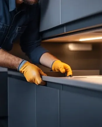 Gloved hands checking the edge of a kitchen countertop for pests