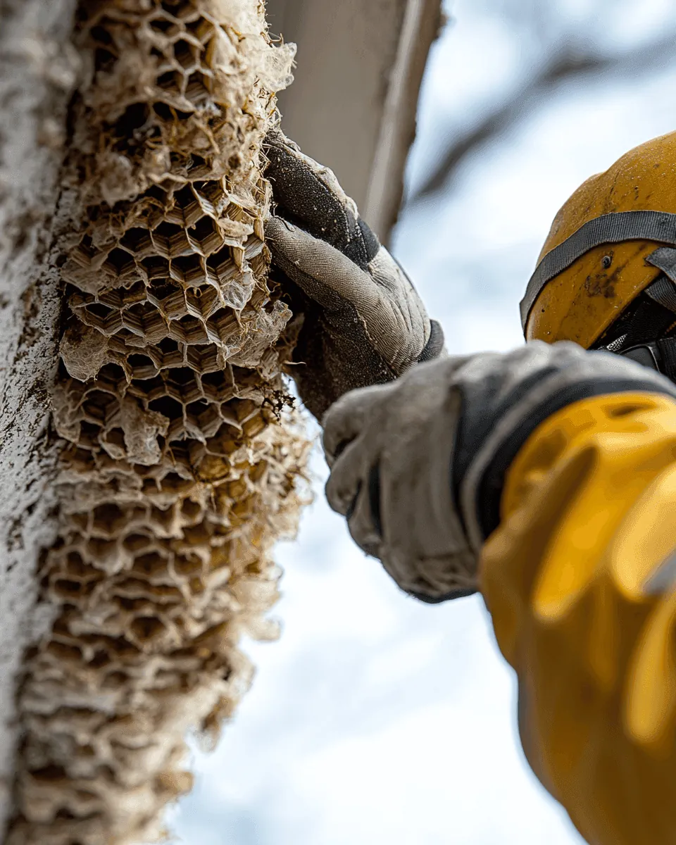 Gloved hands in a yellow suit removing a papery wasp nest from a post