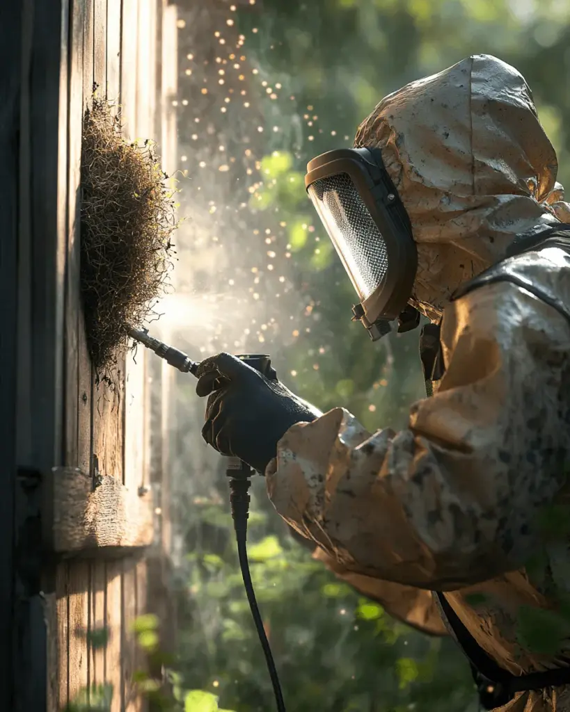 Technician treating the eaves of a house