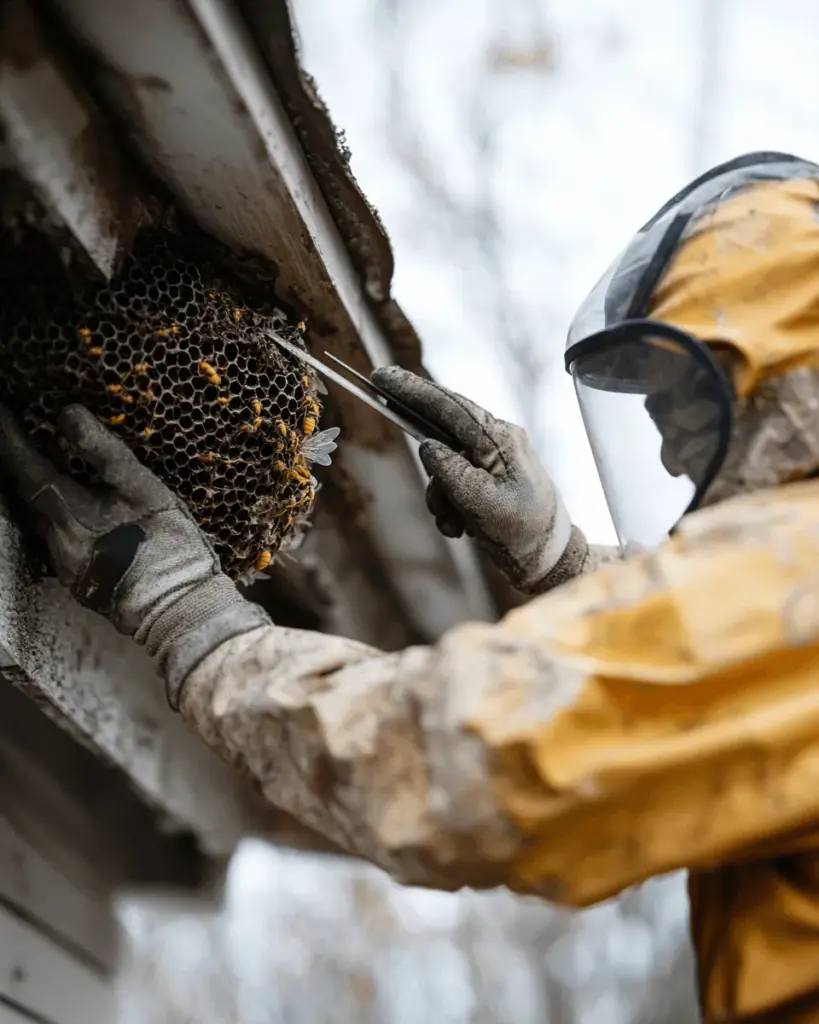 Technician in protective gear removing a nest