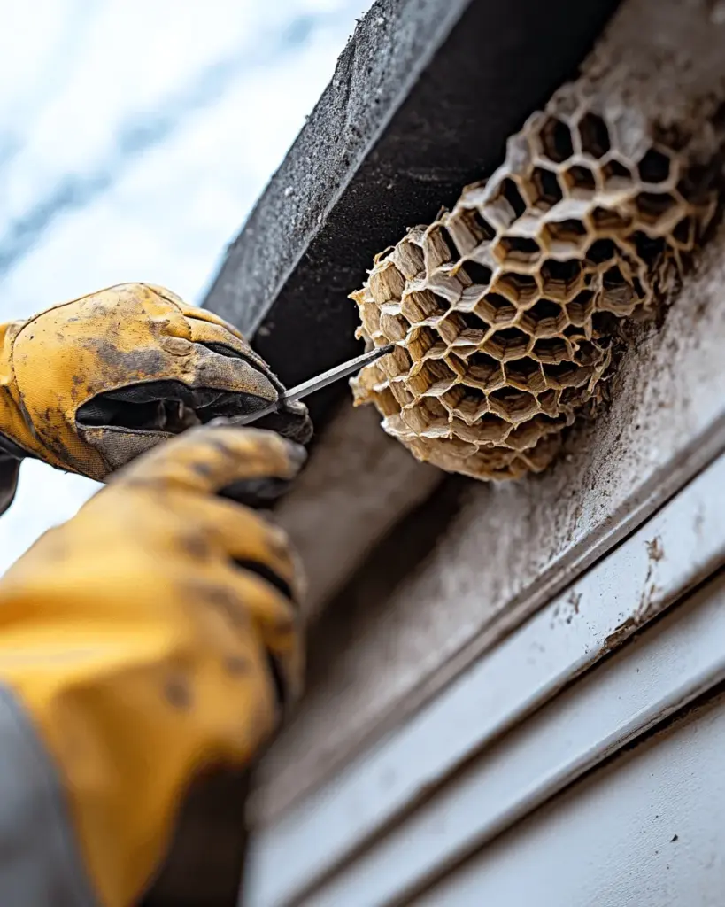 Close-up of gloved hands sealing a gap in a wall