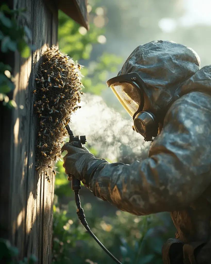 Technician spraying along the outside of a home