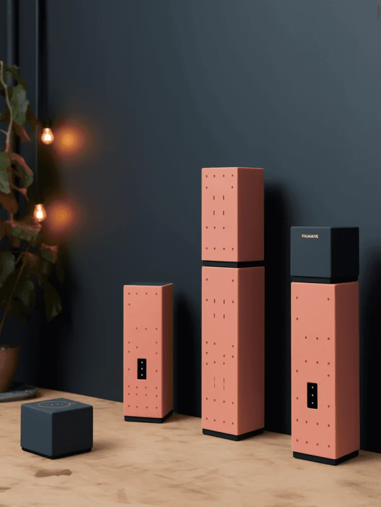 Pink perforated tower units and black cubes standing against a dark blue wall