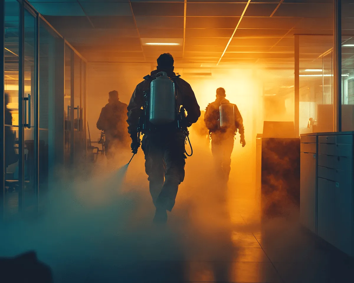 Technician with a backpack sprayer fogging an office hallway in amber light