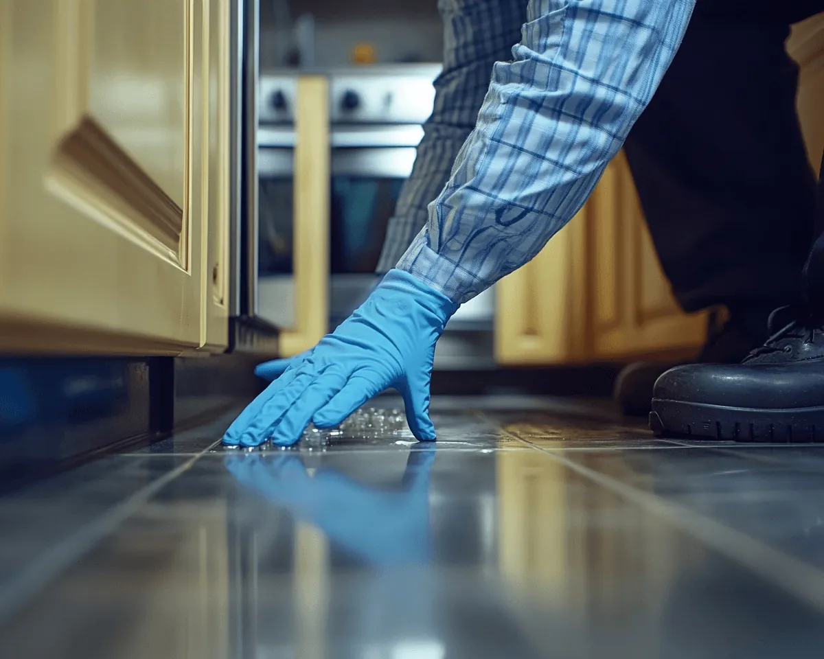 Technician in blue gloves inspecting the kitchen floor beneath the cabinets
