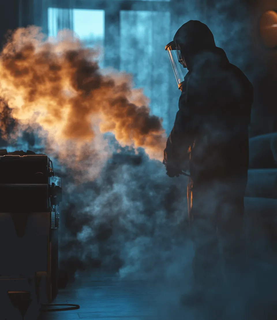 Technician in a face shield beside a plume of fog in a dark room