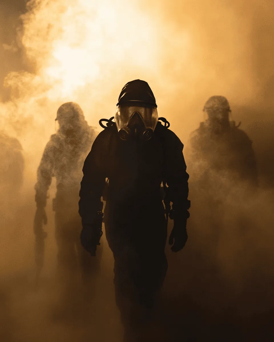 Technician in a gas mask leading a team through amber fog