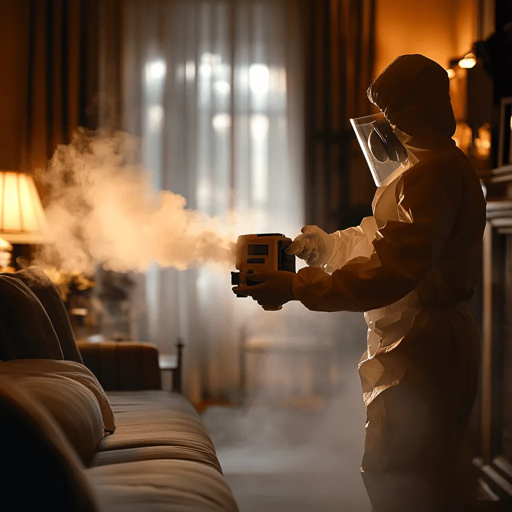 Technician in a hooded suit and face shield fogging a lamp-lit living room