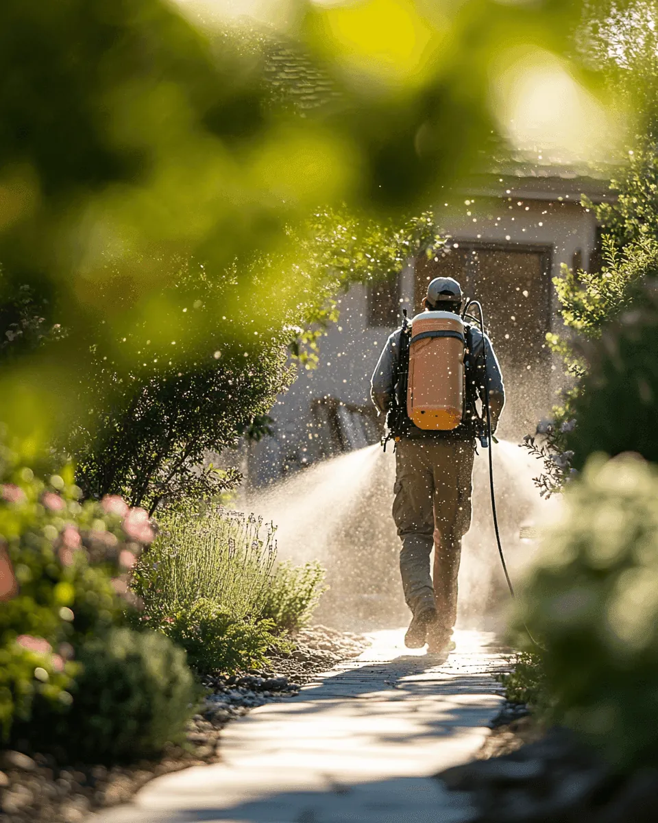 Technician with an orange backpack sprayer treating plants along a sunlit garden path