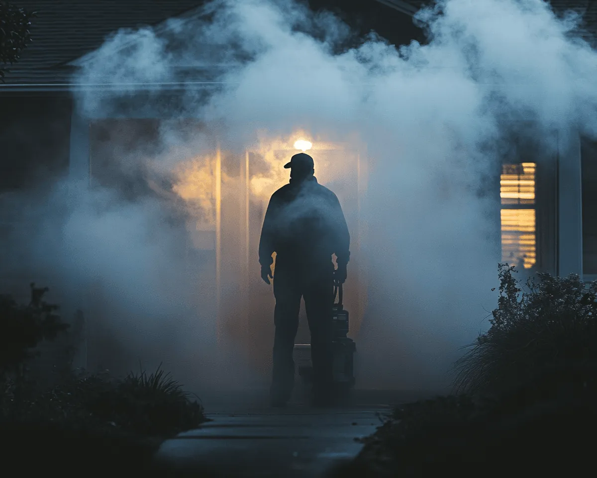 Technician silhouetted in thick fog outside a lit building entrance at night