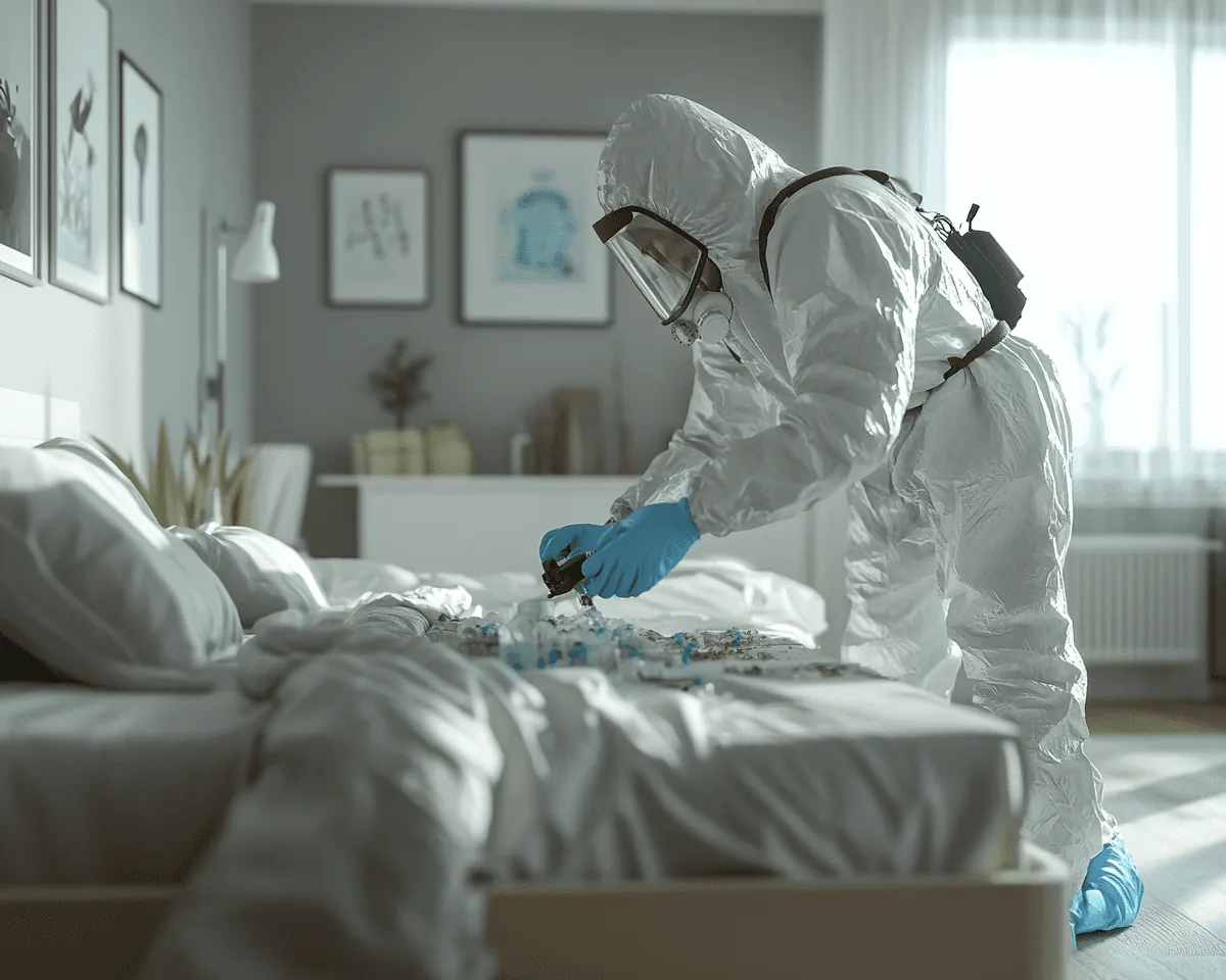 Technician in a white suit and face shield treating a bed with a handheld sprayer