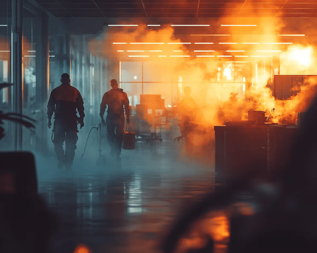 Technicians with sprayers walking through a smoky office lit orange