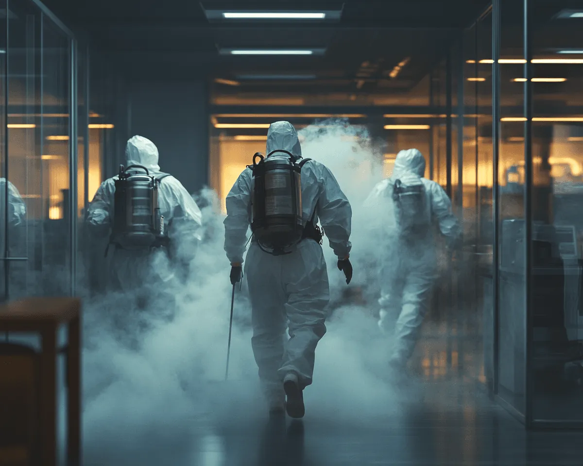 Three technicians in white suits with backpack sprayers fogging an office corridor