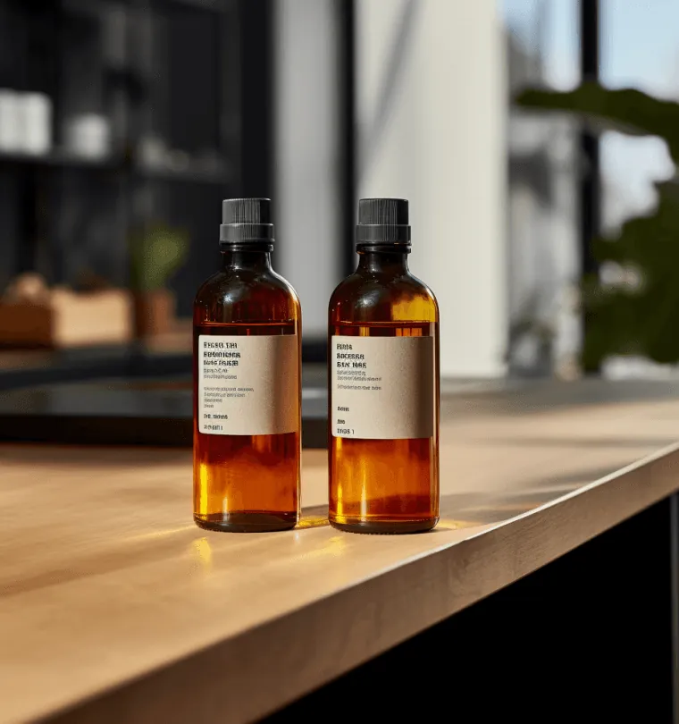 Two labeled amber glass bottles on a wooden countertop