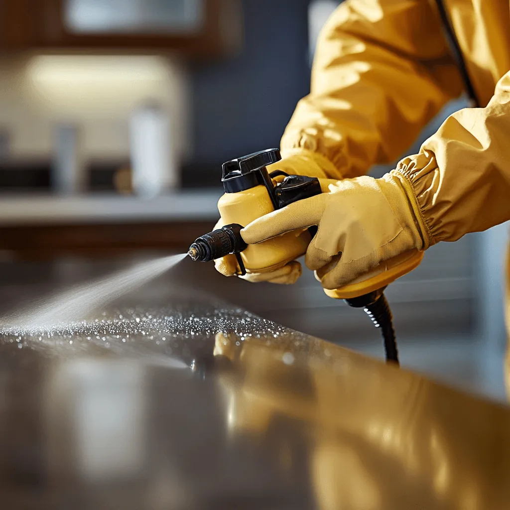 Yellow-gloved technician spraying a fine mist across a kitchen countertop