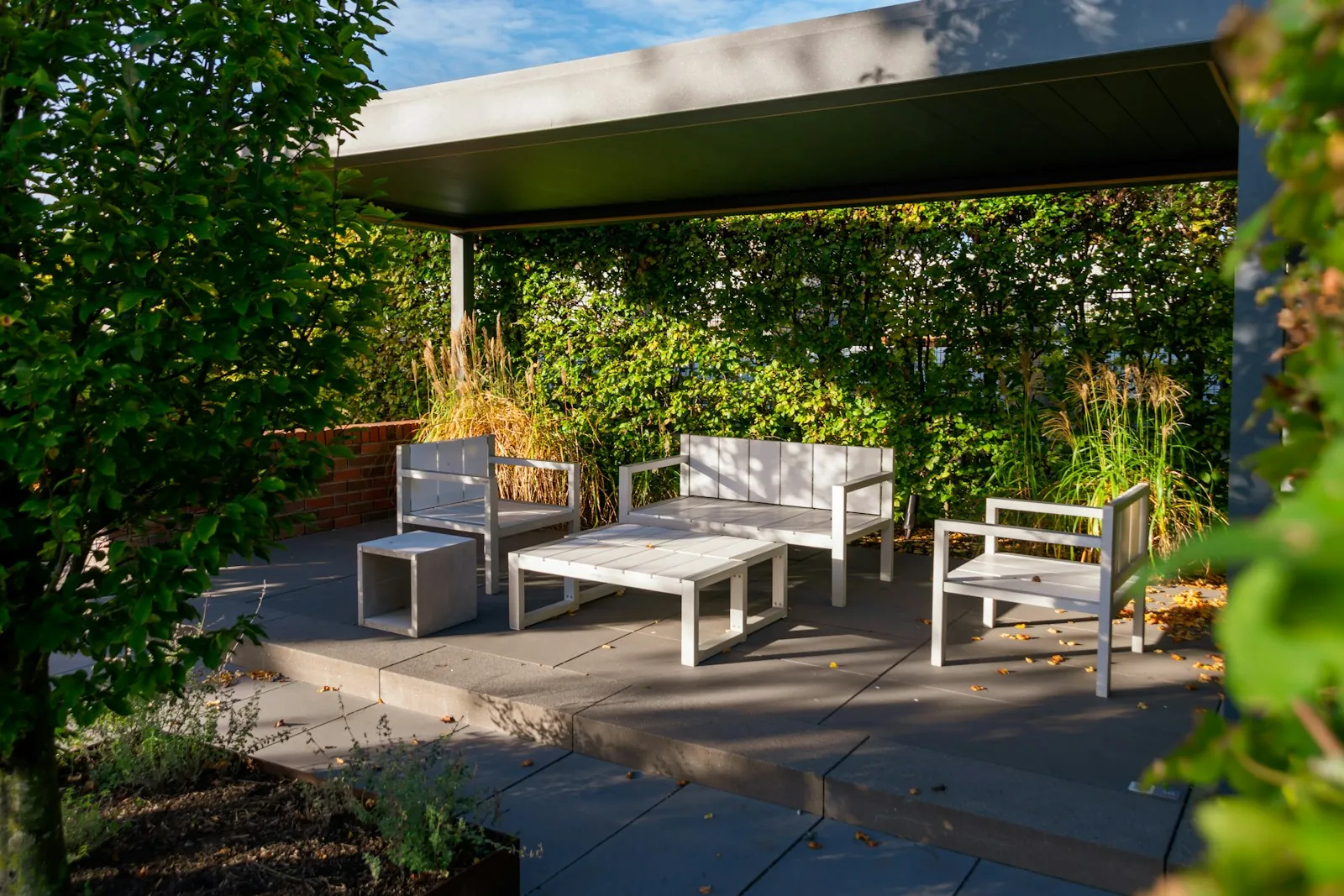 Outdoor seating under a timber pergola