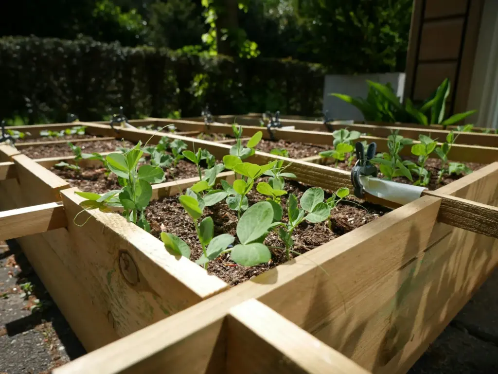 Young plants in timber raised beds