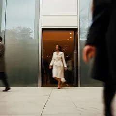 A shop owner stepping out of a lift