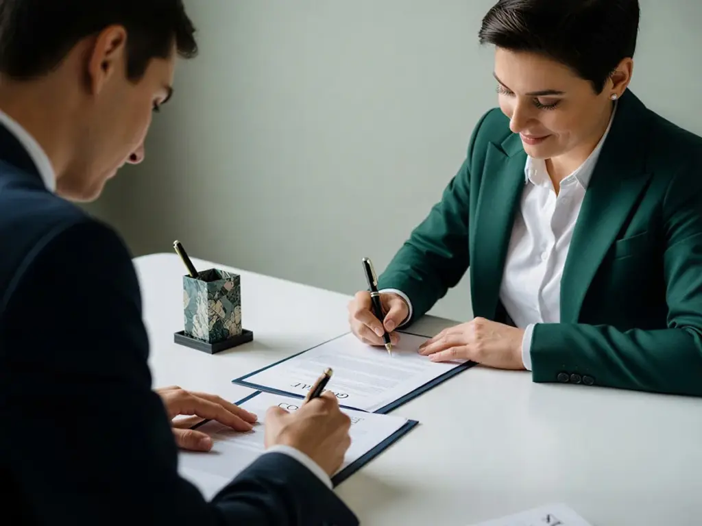 Two people signing papers across a desk