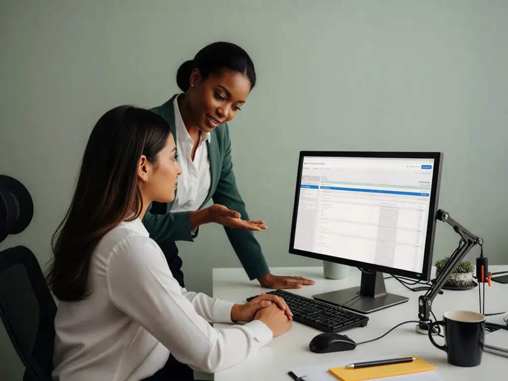 Two colleagues setting up payroll at a computer
