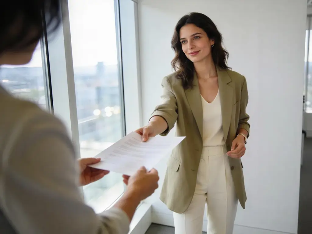 A woman handing a receipt across the office