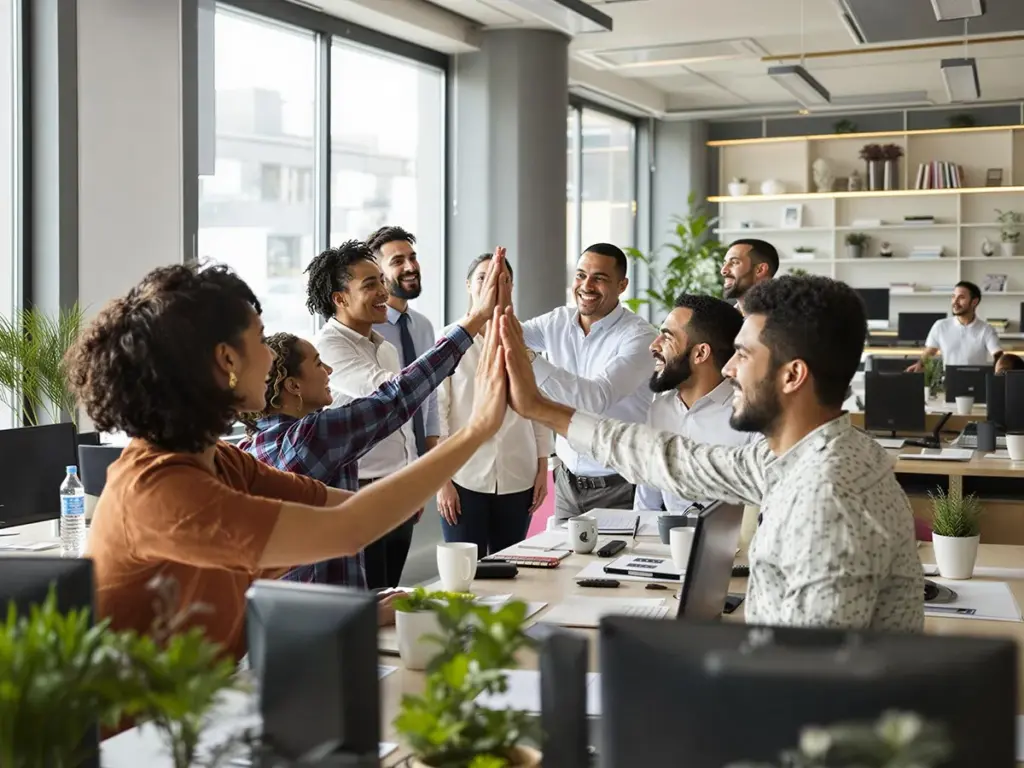 A team giving each other high fives in an open office